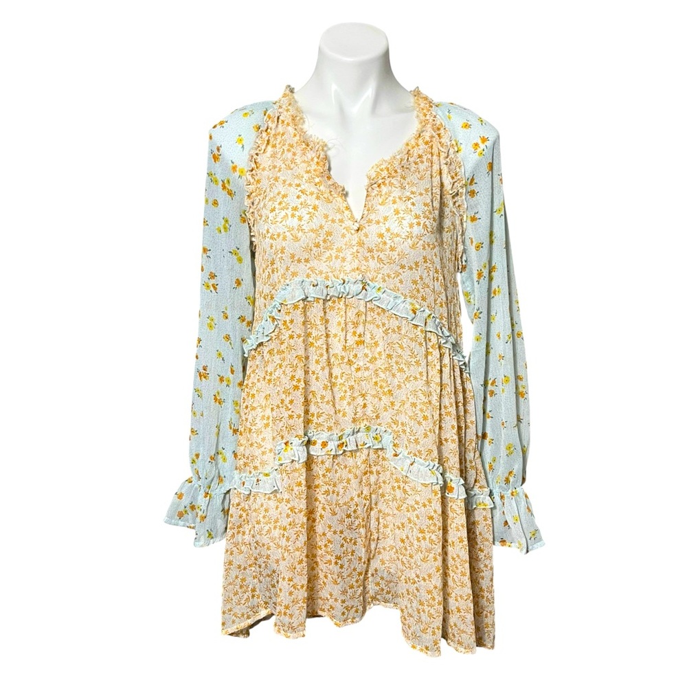 Blu Pepper Sheer Floral Dress Size Medium Blue/Yellow